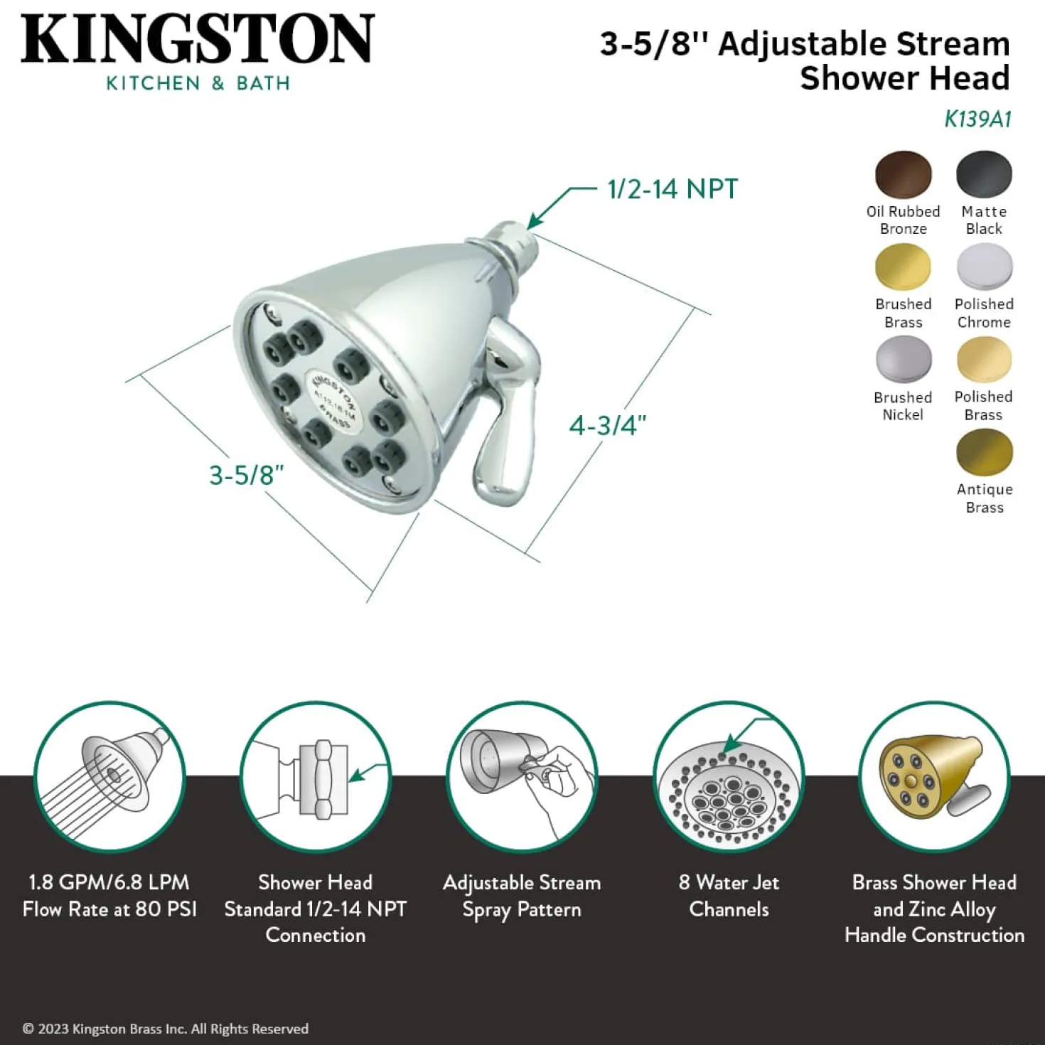 Kingston Brass Victorian 3-5/8" Diameter Adjustable Brass Shower Head with 8 Jets