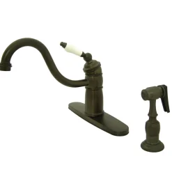 Kingston Brass Victorian Single Handle Kitchen Faucet with Brass Sprayer and Porcelain Lever Handle