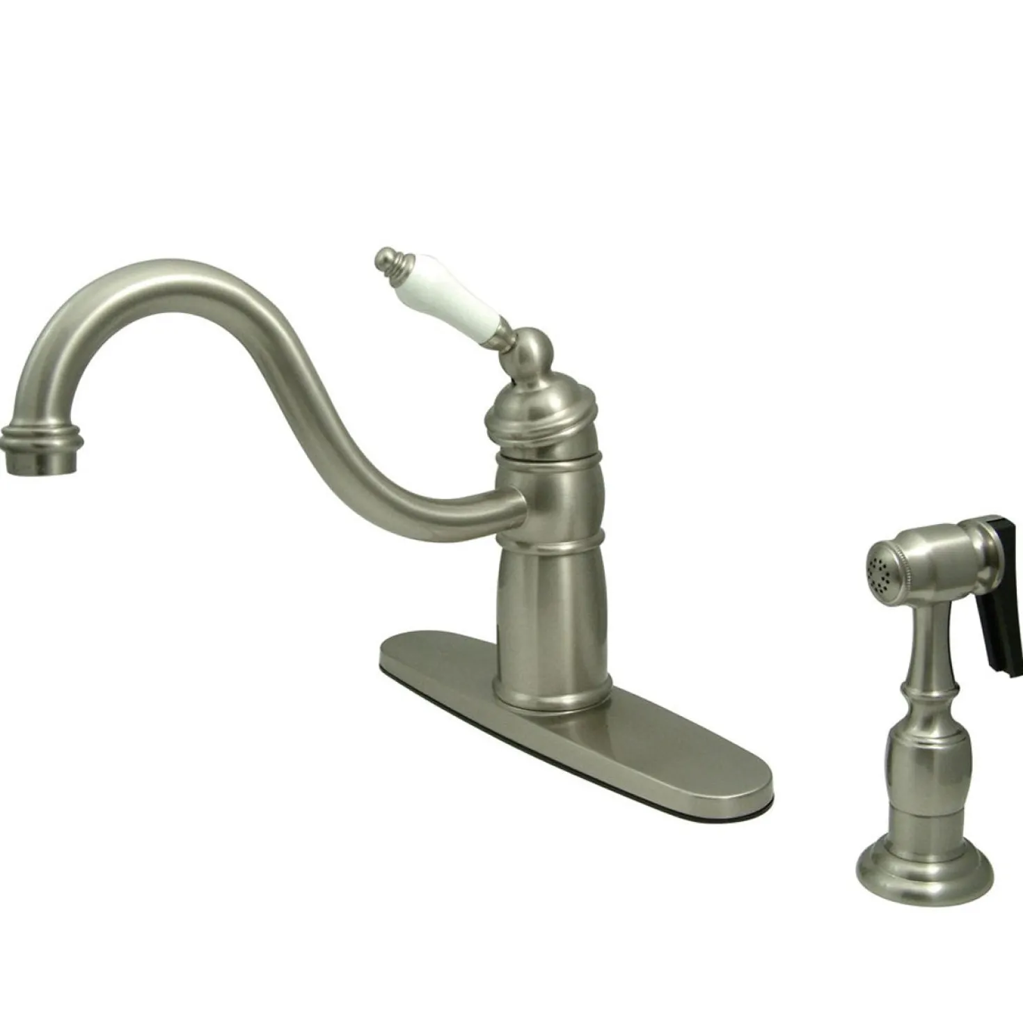 Kingston Brass Victorian Single Handle Kitchen Faucet with Brass Sprayer and Porcelain Lever Handle