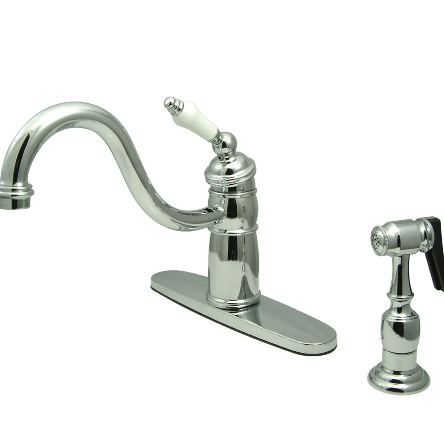 Kingston Brass Victorian Single Handle Kitchen Faucet with Brass Sprayer and Porcelain Lever Handle