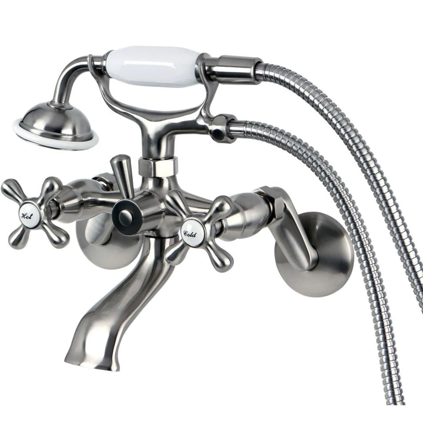 Kingston Brass Victorian Tub Wall Mount Clawfoot Tub Filler with Hand Shower in Satin Nickel