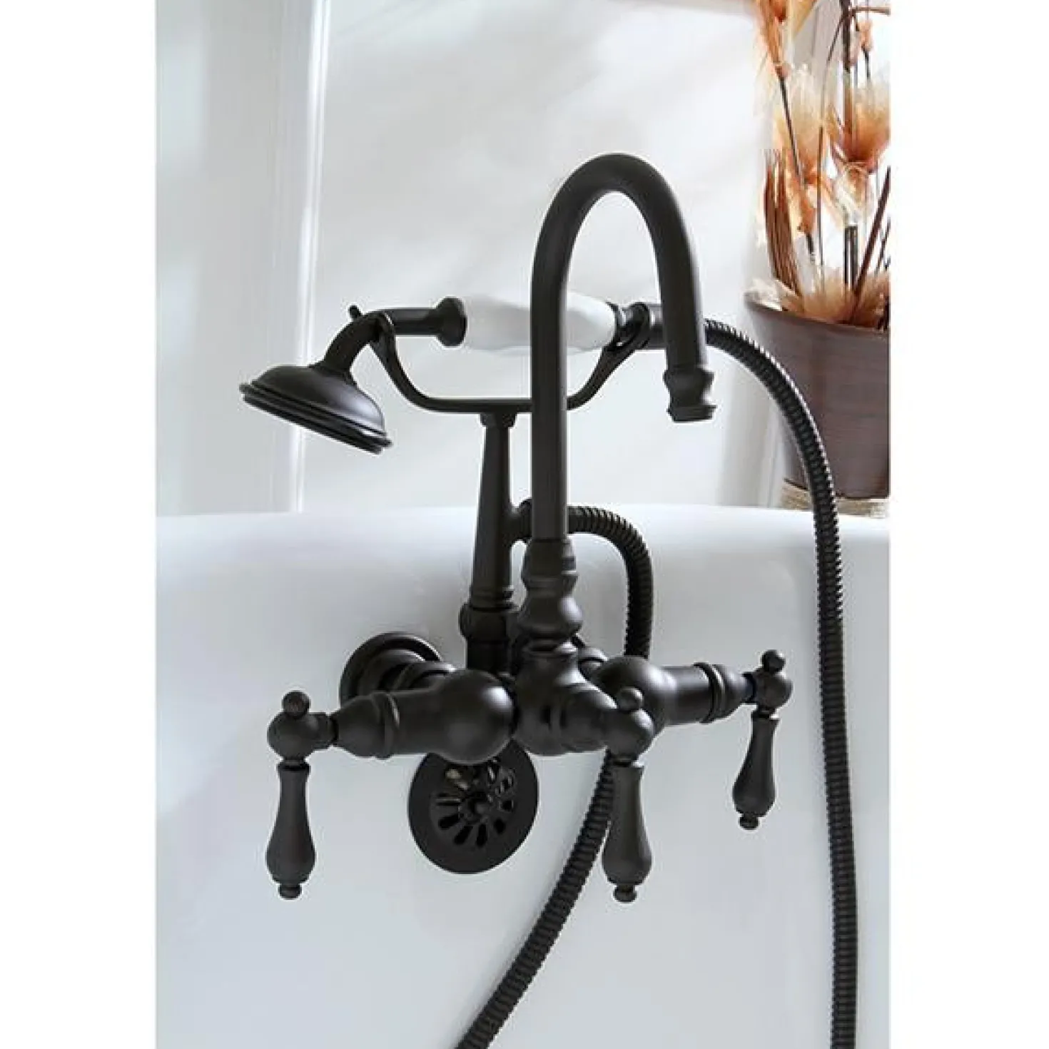 Kingston Brass Vintage 3-3/8" Centers Wall Mount Clawfoot Tub Filler Faucet with Hand Shower