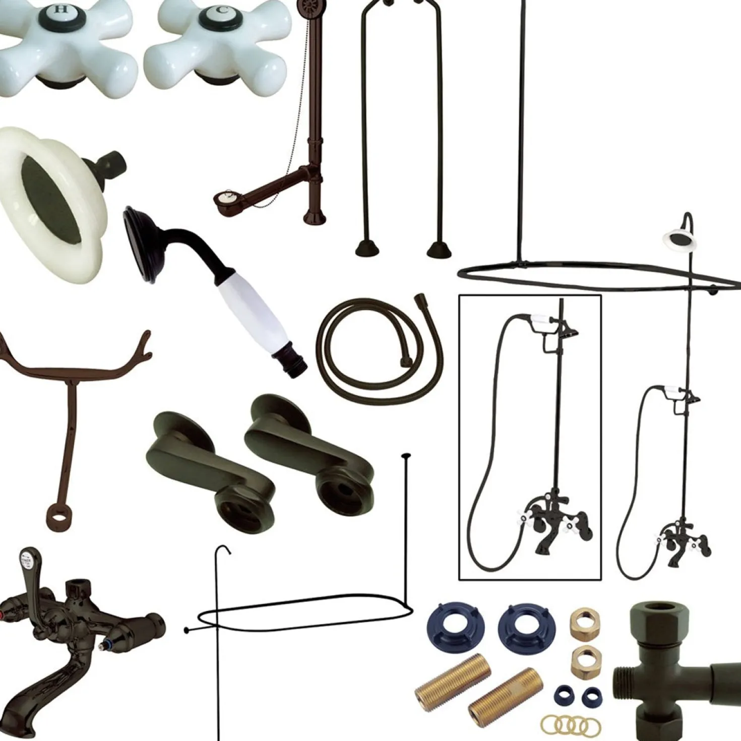 Kingston Brass Vintage Clawfoot Tub Wall Mount Package with Porcelain Cross Handles