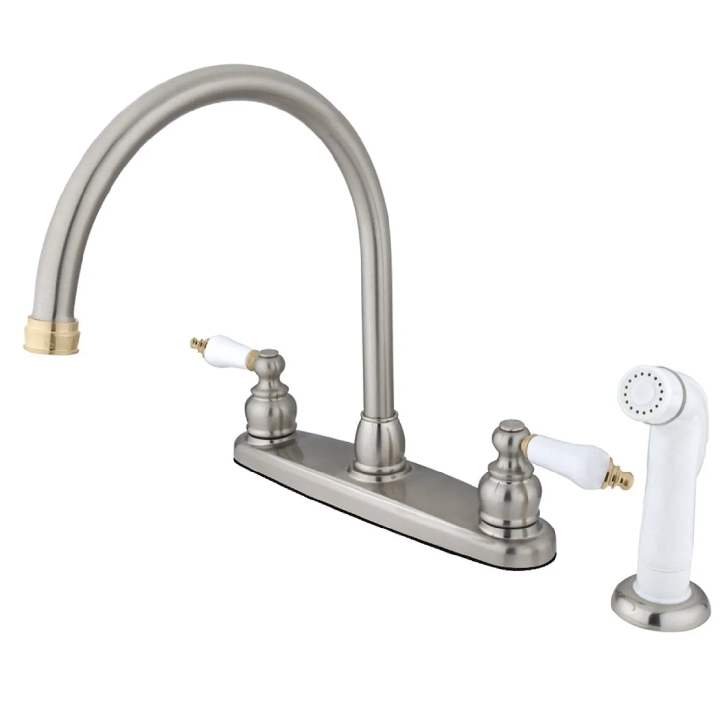 Kingston Brass Vintage Double Handle Goose Neck Kitchen Faucet with White Sprayer