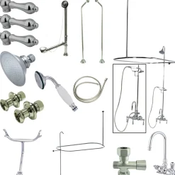 Kingston Brass Vintage High Rise Gooseneck Clawfoot Tub and Shower Package with Porcelain Lever Handles in Polished Chrome