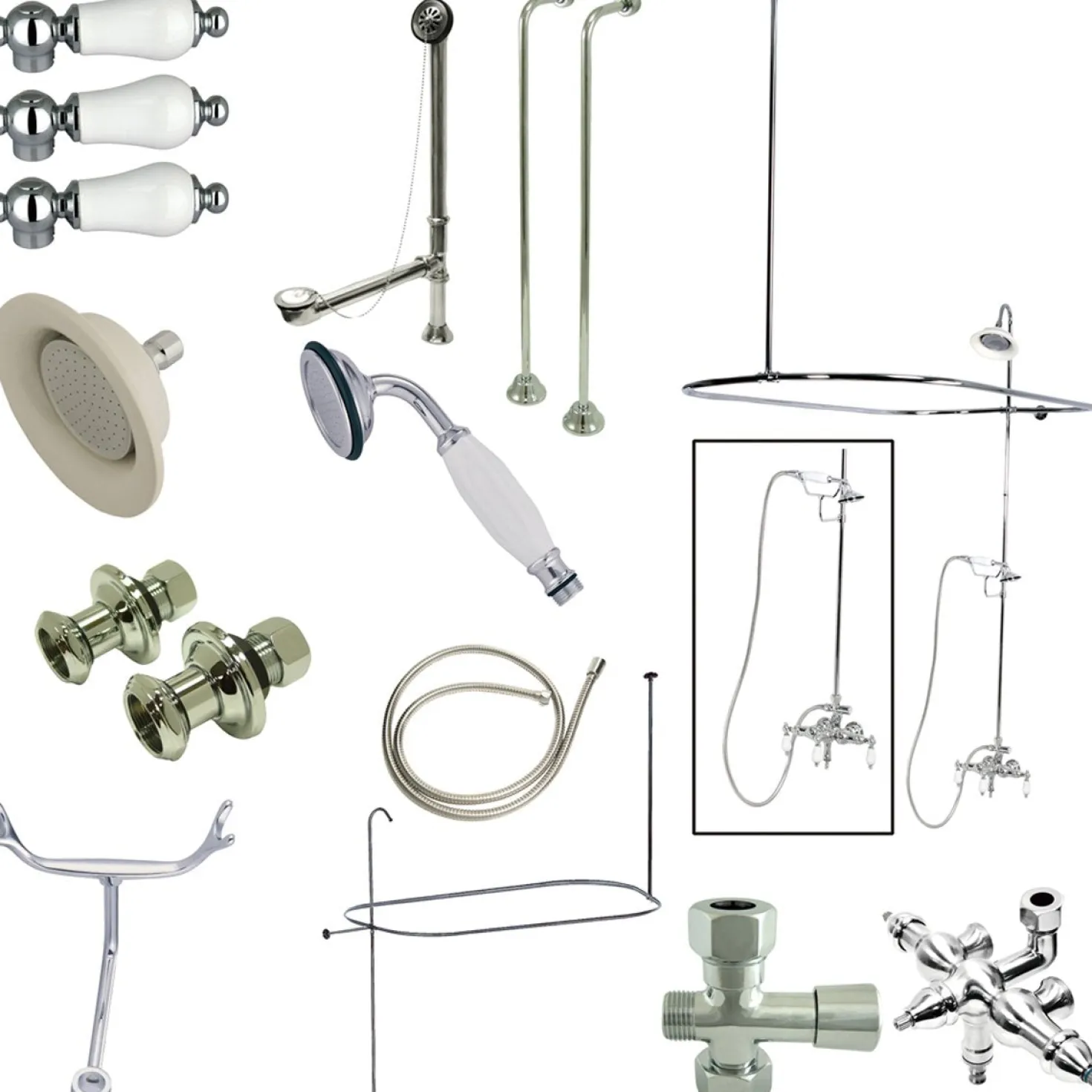 Kingston Brass Vintage Wall Mount Down Spout Clawfoot Tub and Shower Package with Porcelain Lever Handles in Polished Chrome