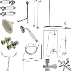 Kingston Brass Vintage Wall Mount Down Spout Clawfoot Tub and Shower Package with Porcelain Lever Handles in Polished Brass