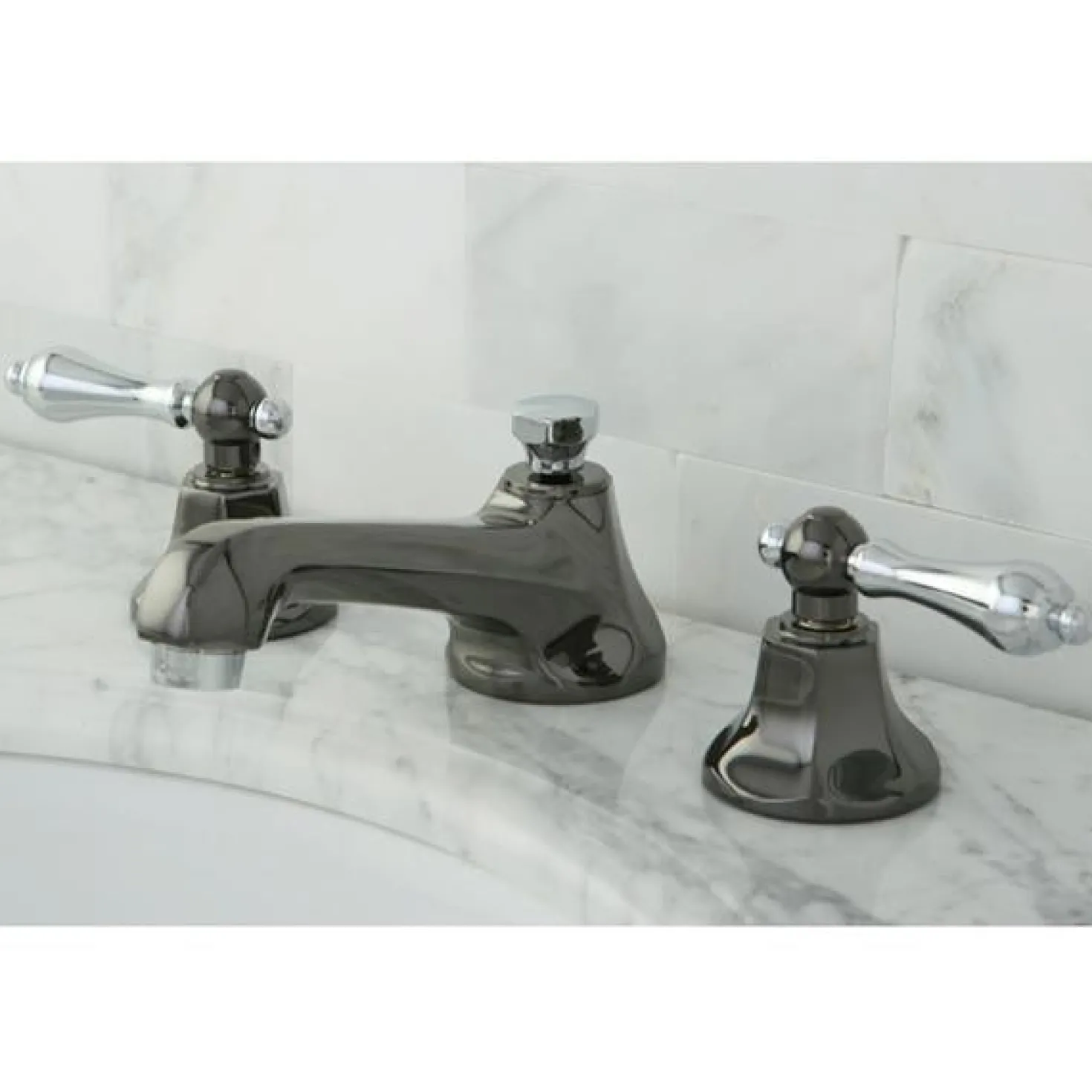 Kingston Brass Water Onyx 8" to 16" Widespread Three Hole Lavatory Faucet with Brass Pop-up Drain