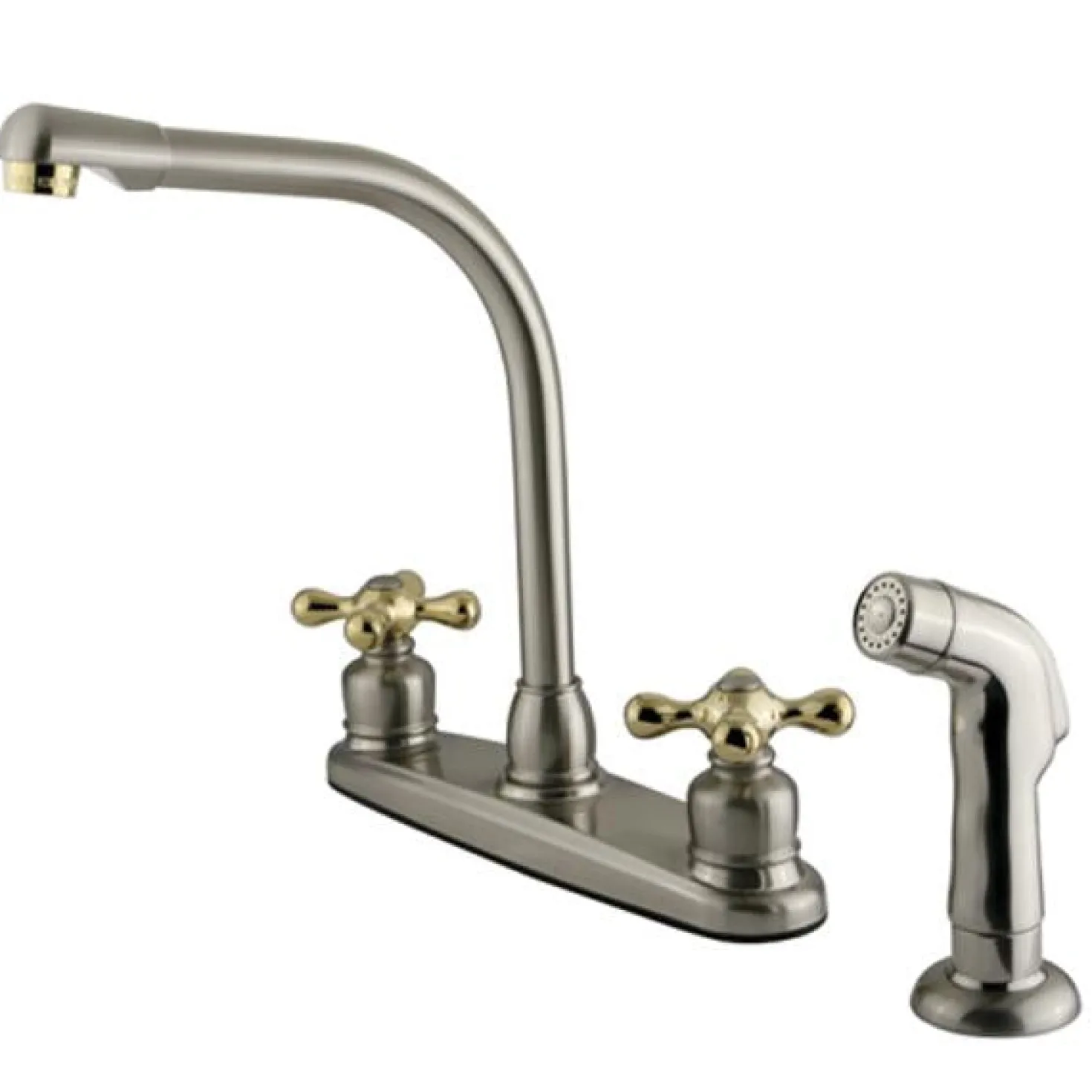 Kingston Brass Water Saving Victorian High Arch Kitchen Faucet with Cross Handles and Matching Side Sprayer