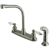 Kingston Brass Water Saving Victorian High Arch Kitchen Faucet with Oak and Porcelain Lever Handles and Sprayer