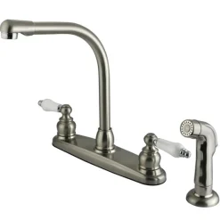 Kingston Brass Water Saving Victorian High Arch Kitchen Faucet with Oak and Porcelain Lever Handles and Sprayer
