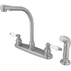 Kingston Brass Water Saving Victorian High Arch Kitchen Faucet with Oak and Porcelain Lever Handles and Sprayer