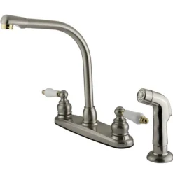 Kingston Brass Water Saving Victorian High Arch Kitchen Faucet with Oak and Porcelain Lever Handles and Sprayer