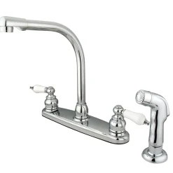 Kingston Brass Water Saving Victorian High Arch Kitchen Faucet with Sprayer and Oak and Porcelain Lever Handles