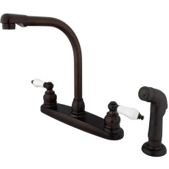 Kingston Brass Water Saving Victorian High Arch Kitchen Faucet with Sprayer and Oak and Porcelain Lever Handles