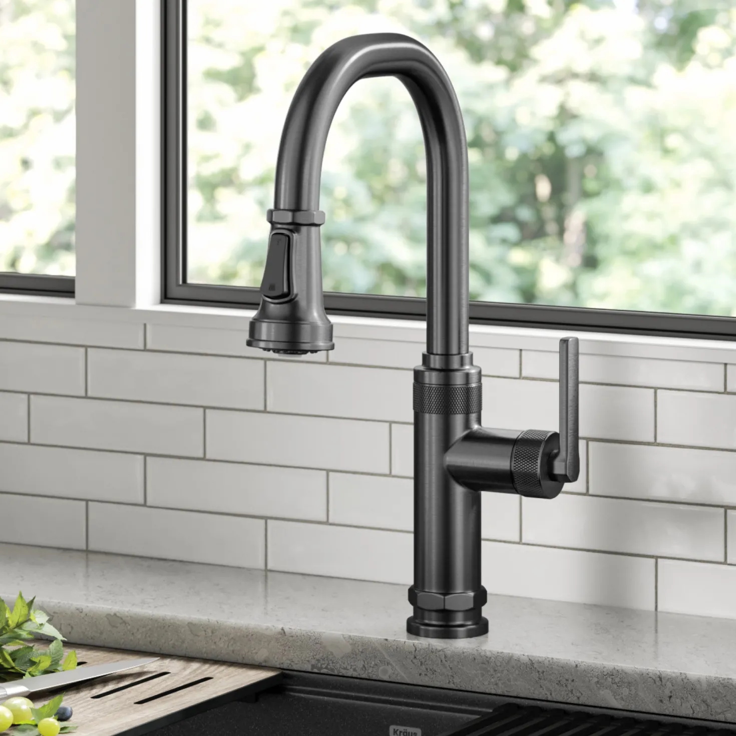 KRAUS Allyn Black Stainless Nut & Bolt Diamond Cut Kitchen Faucet