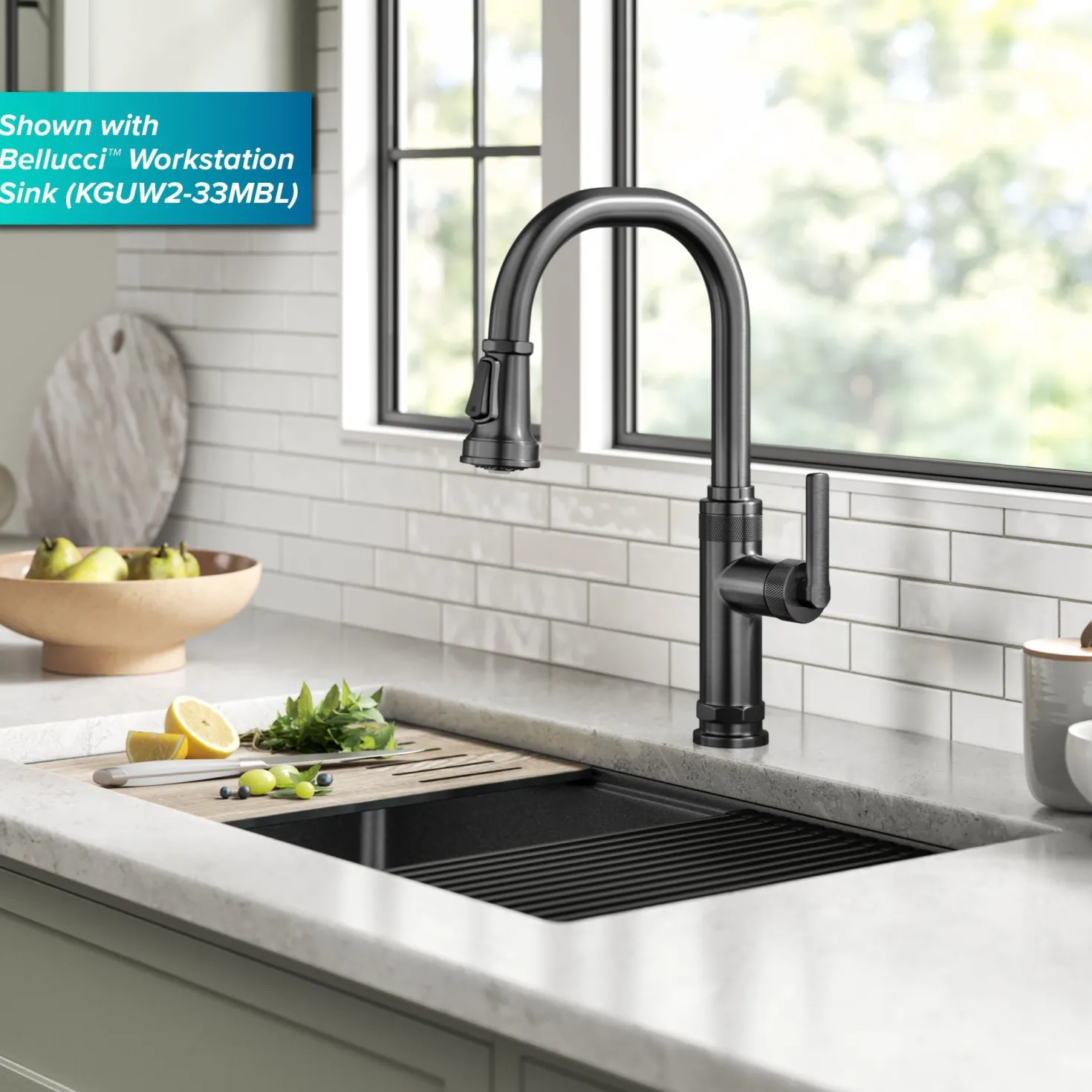 KRAUS Allyn Black Stainless Nut & Bolt Diamond Cut Kitchen Faucet