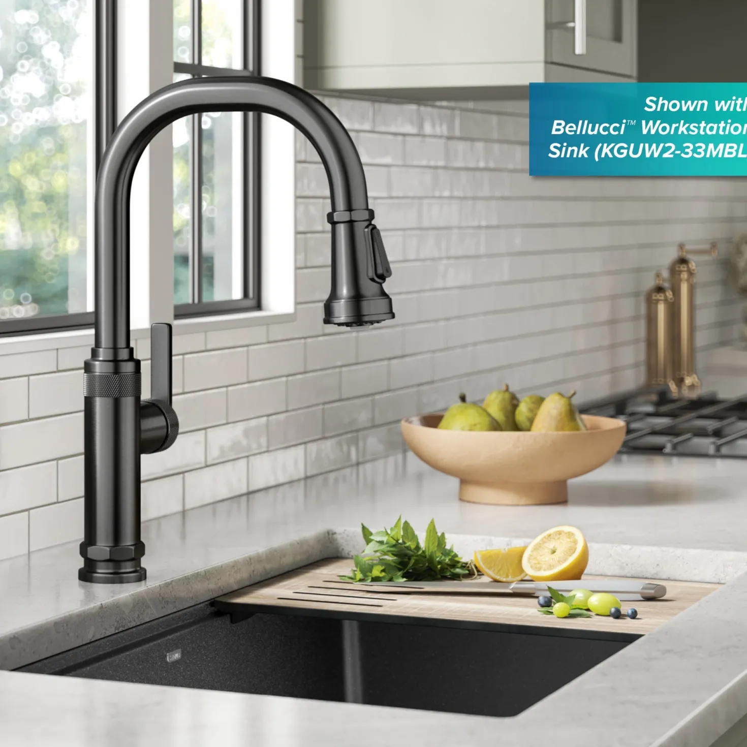 KRAUS Allyn Black Stainless Nut & Bolt Diamond Cut Kitchen Faucet