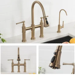 KRAUS Allyn Bridge Faucet with Pull-Down Sprayhead in Brushed Gold