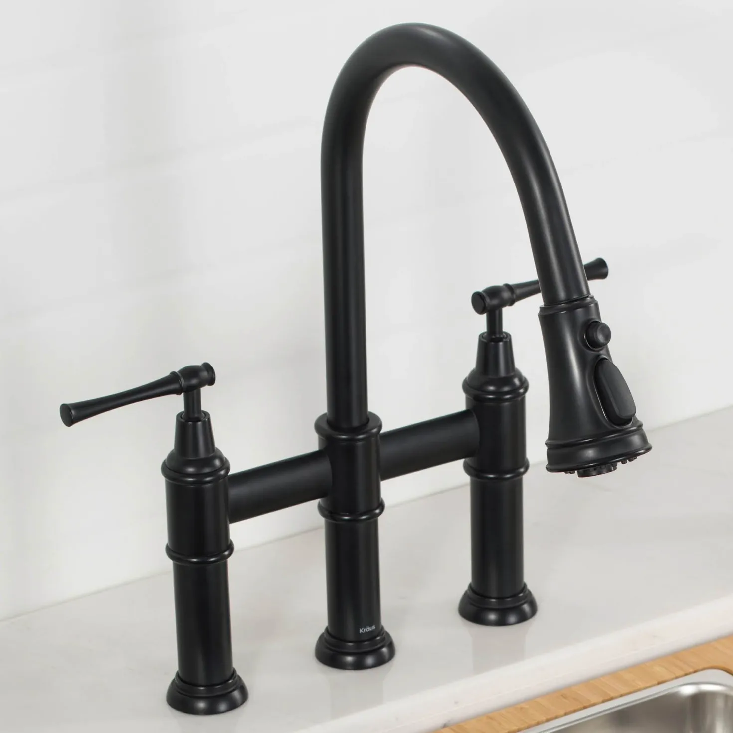 KRAUS Allyn Bridge Faucet with Pull-Down Sprayhead in Matte Black