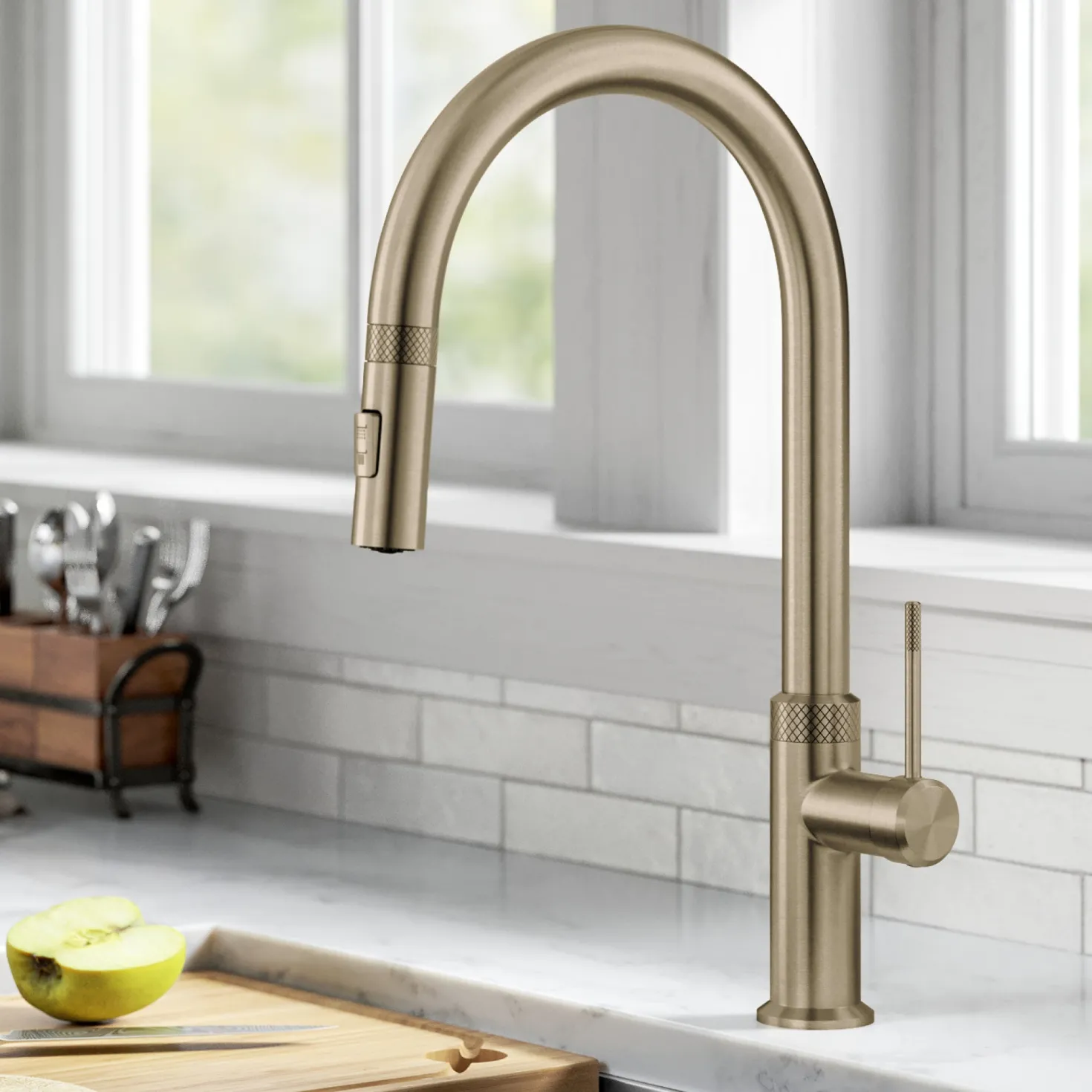 KRAUS Allyn Brushed Gold Single Handle Kitchen Faucet with Diamond Cut
