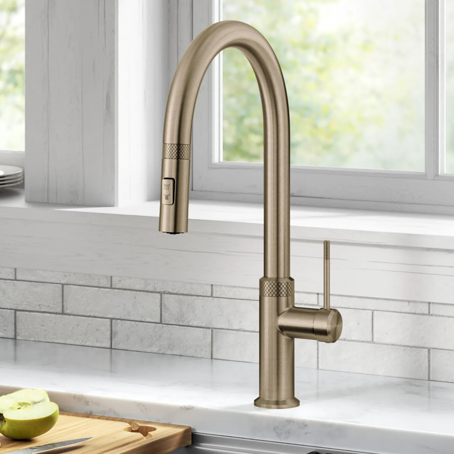 KRAUS Allyn Brushed Gold Single Handle Kitchen Faucet with Diamond Cut