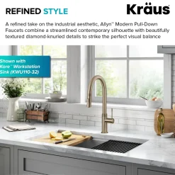 KRAUS Allyn Brushed Gold Single Handle Kitchen Faucet with Diamond Cut