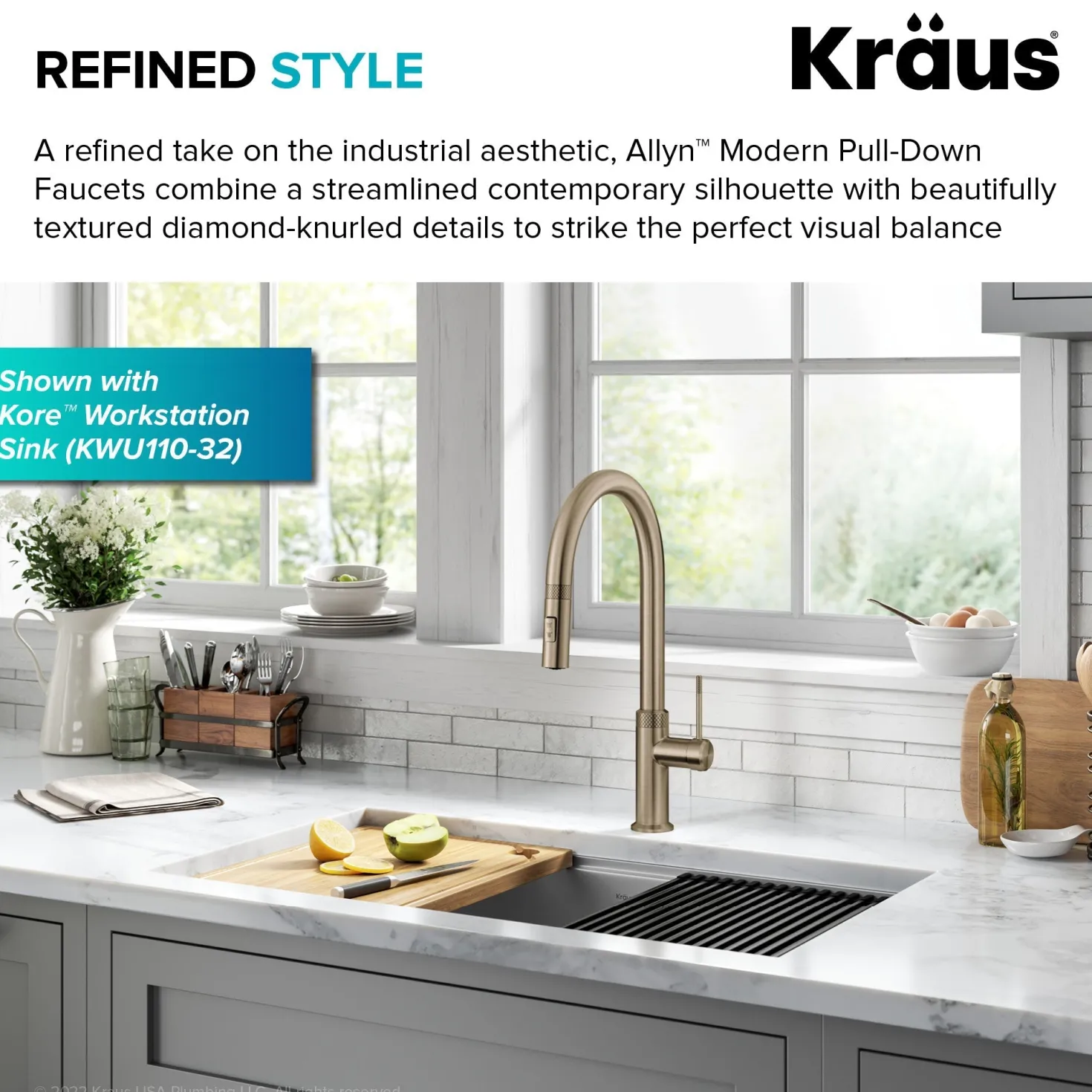 KRAUS Allyn Brushed Gold Single Handle Kitchen Faucet with Diamond Cut