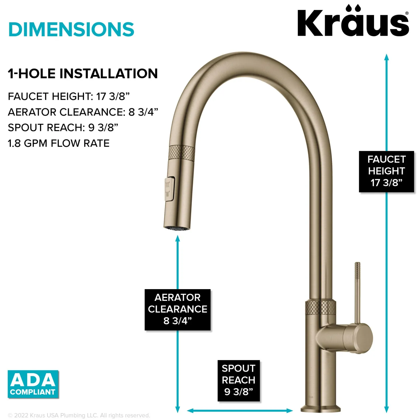 KRAUS Allyn Brushed Gold Single Handle Kitchen Faucet with Diamond Cut