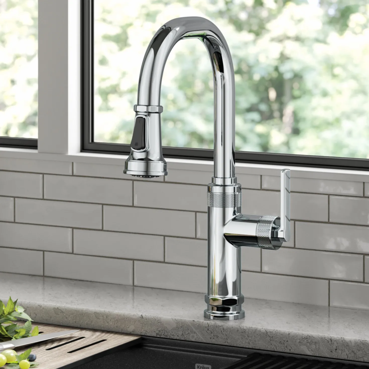 KRAUS Allyn Chrome Nut & Bolt Diamond Cut Kitchen Faucet