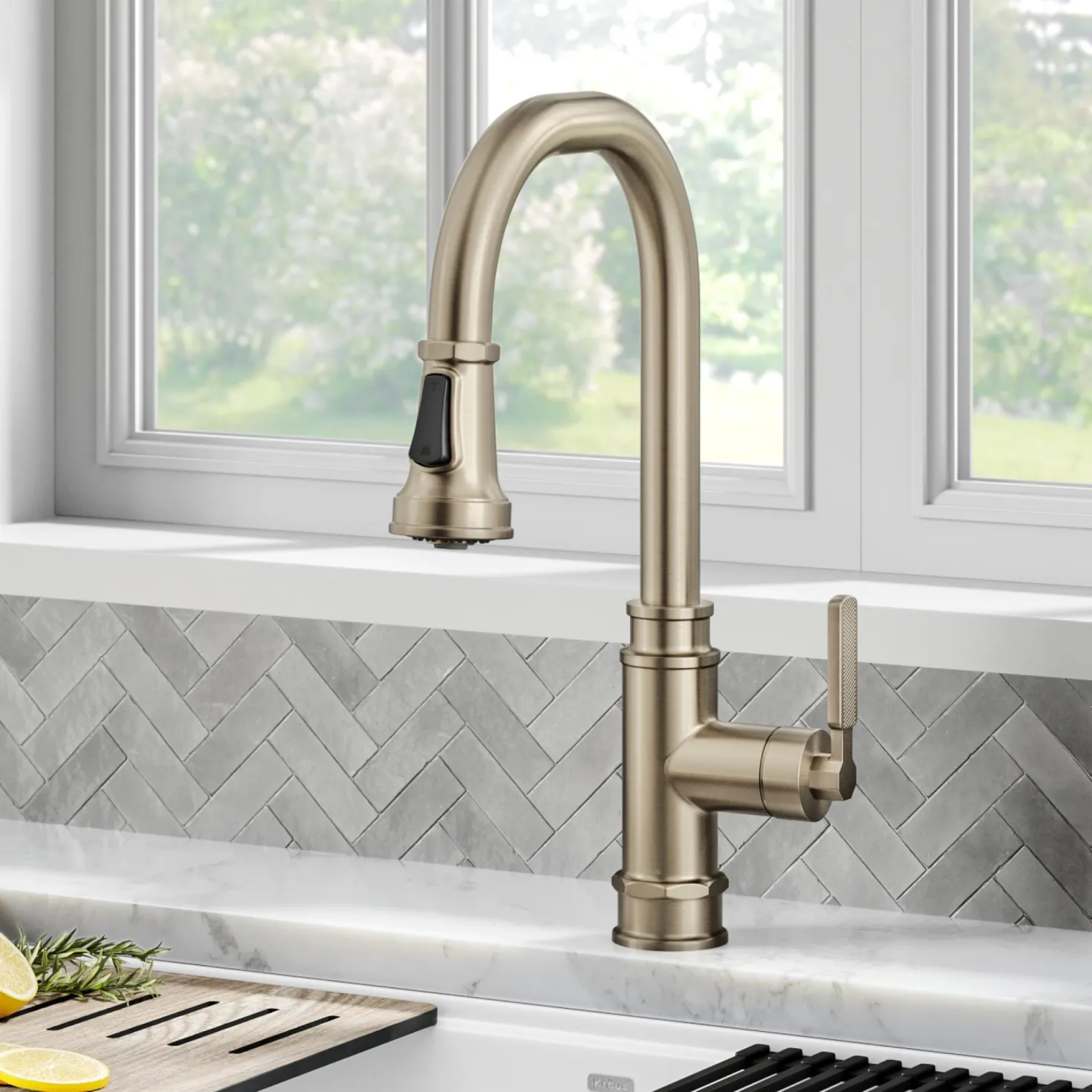 KRAUS Allyn Industrial Pull-Down Kitchen Faucet in Antique Champagne Bronze