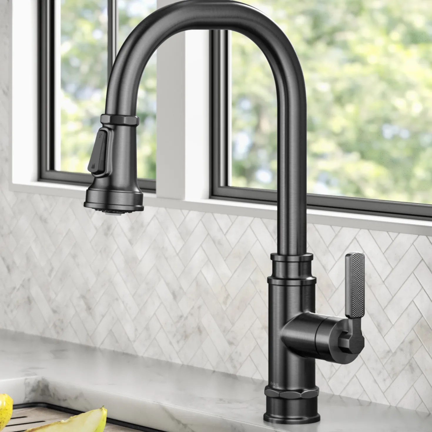 KRAUS Allyn Industrial Pull-Down Kitchen Faucet in Spot-Free Black Stainless Steel