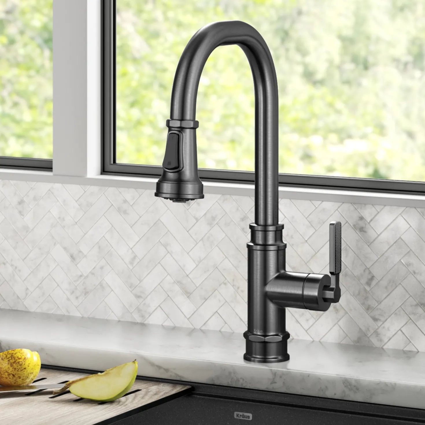 KRAUS Allyn Industrial Pull-Down Kitchen Faucet in Spot-Free Black Stainless Steel