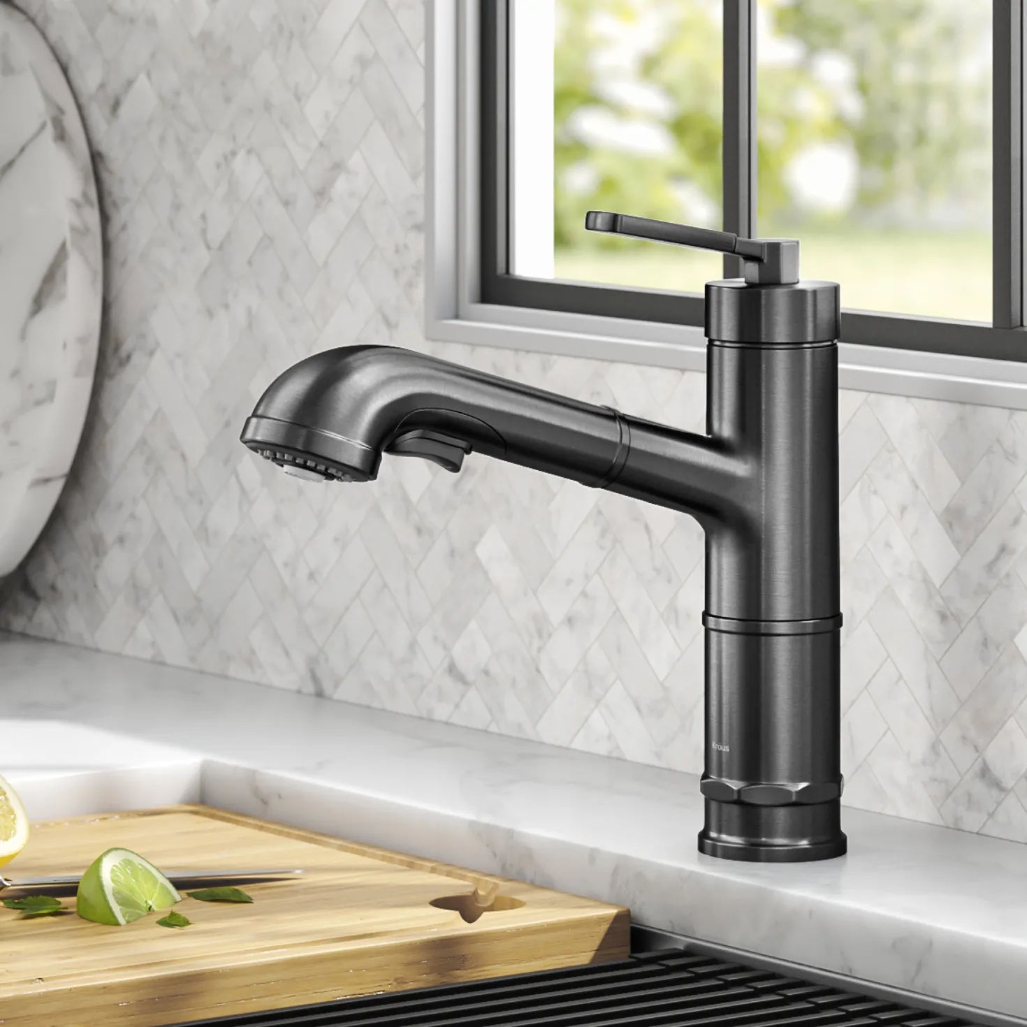 KRAUS Allyn Industrial Pull-Out Single Handle Kitchen Faucet in Black Stainless