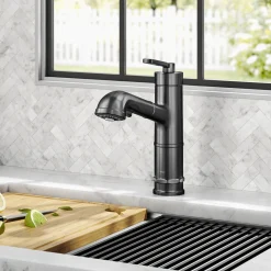 KRAUS Allyn Industrial Pull-Out Single Handle Kitchen Faucet in Black Stainless