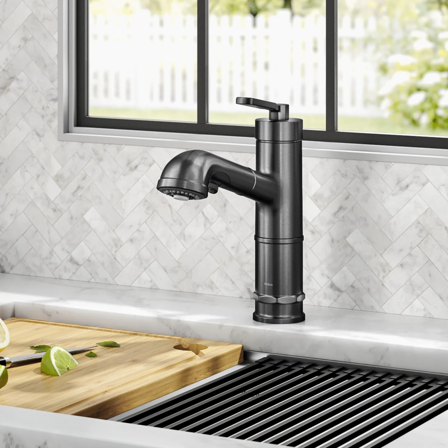 KRAUS Allyn Industrial Pull-Out Single Handle Kitchen Faucet in Black Stainless