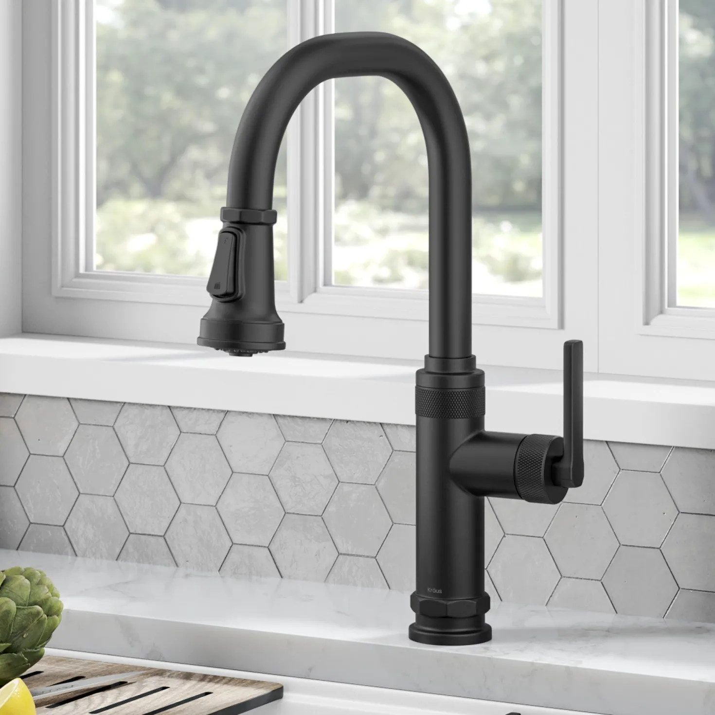 KRAUS Allyn Matte Black Nut & Bolt Diamond Cut Kitchen Faucet