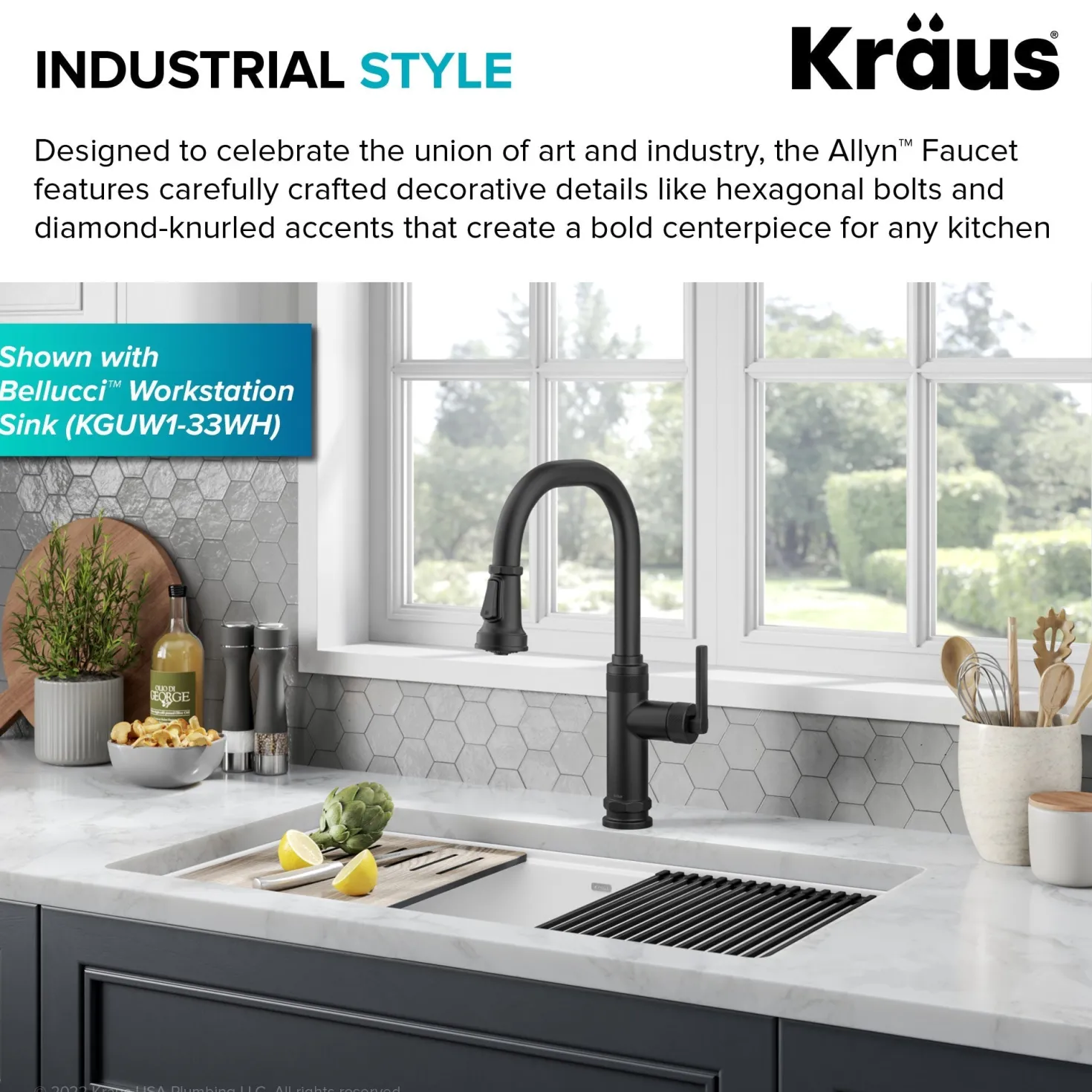 KRAUS Allyn Matte Black Nut & Bolt Diamond Cut Kitchen Faucet