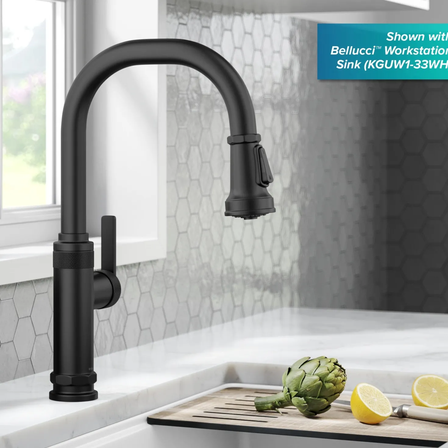 KRAUS Allyn Matte Black Nut & Bolt Diamond Cut Kitchen Faucet