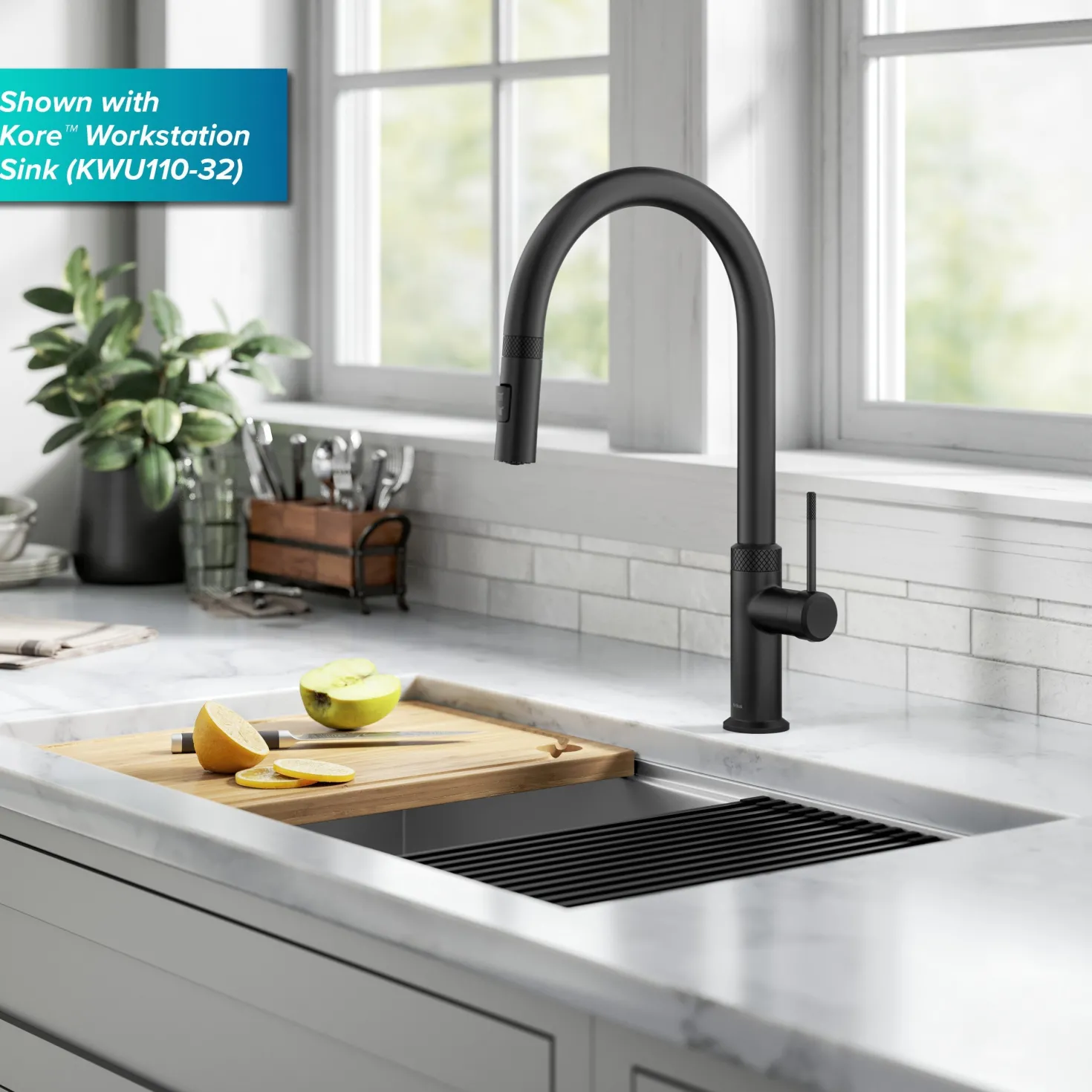 KRAUS Allyn Matte Black Single Handle Kitchen Faucet with Diamond Cut