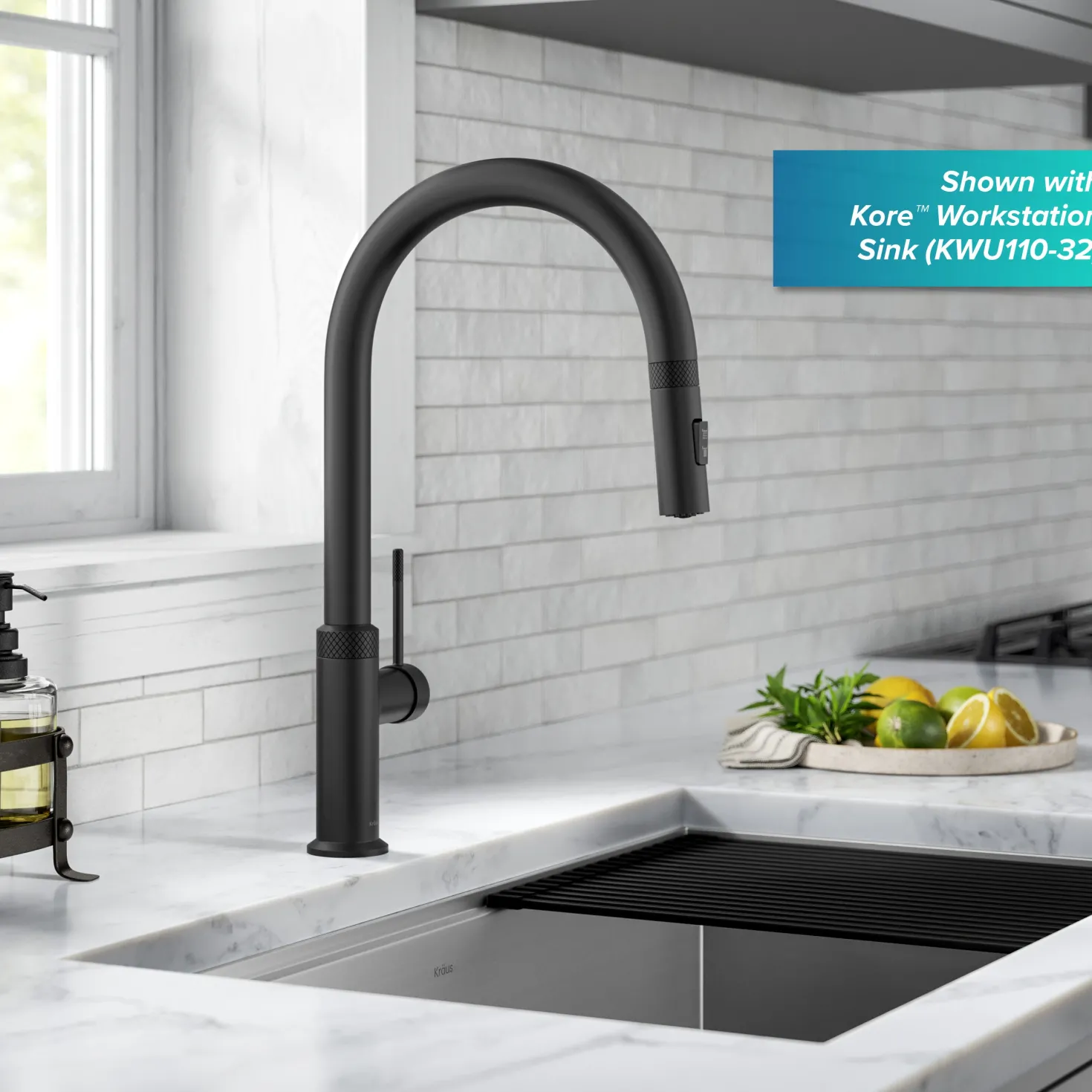KRAUS Allyn Matte Black Single Handle Kitchen Faucet with Diamond Cut