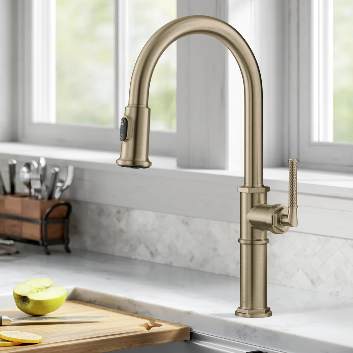KRAUS Allyn Nut & Bolt Diamond Cut Brushed Gold Kitchen Faucet