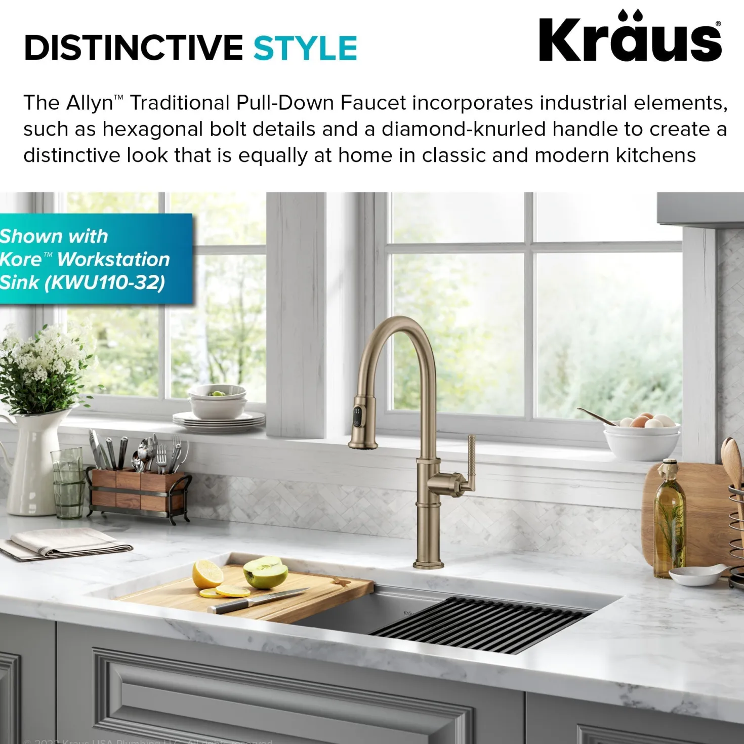 KRAUS Allyn Nut & Bolt Diamond Cut Brushed Gold Kitchen Faucet