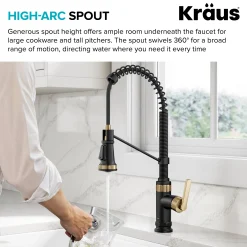KRAUS Allyn Single Handle Pull Down Kitchen Faucet in Spot-Free Brushed Brass + Matte Black