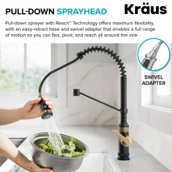 KRAUS Allyn Single Handle Pull Down Kitchen Faucet in Spot-Free Brushed Brass + Matte Black