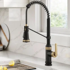 KRAUS Allyn Single Handle Pull Down Kitchen Faucet in Spot-Free Brushed Brass + Matte Black