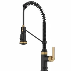 KRAUS Allyn Single Handle Pull Down Kitchen Faucet in Spot-Free Brushed Brass + Matte Black