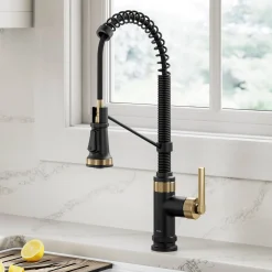 KRAUS Allyn Single Handle Pull Down Kitchen Faucet in Spot-Free Brushed Brass + Matte Black