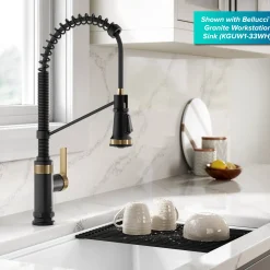 KRAUS Allyn Single Handle Pull Down Kitchen Faucet in Spot-Free Brushed Brass + Matte Black