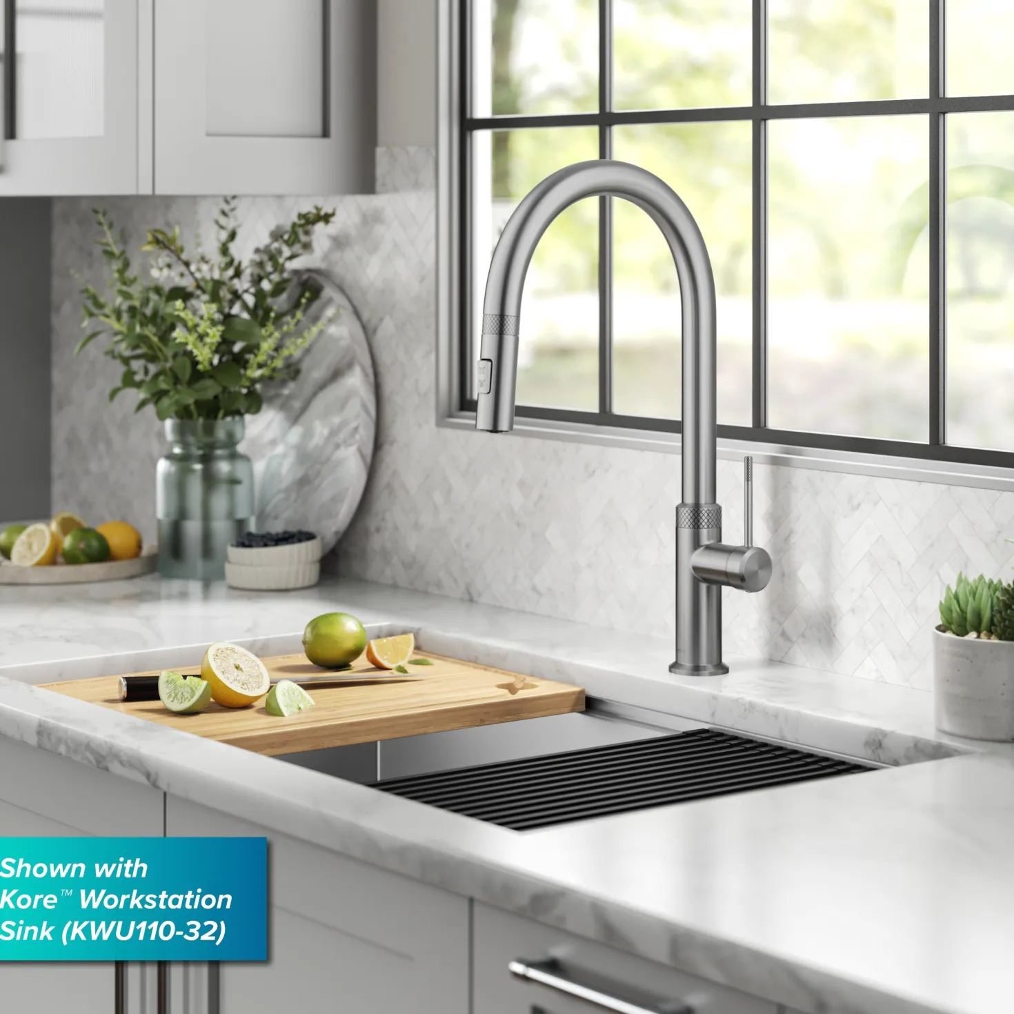 KRAUS Allyn Stainless Single Handle Kitchen Faucet with Diamond Cut
